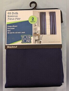Your Zone 63" Navy Blue Blackout Curtains 2 Panels 30" x 63" Rod Pocket New